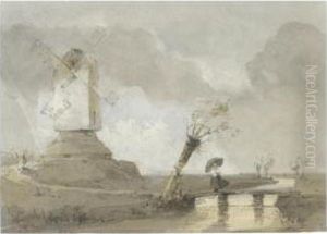 A Lady Holding An Umbrella, A Windmill Beyond