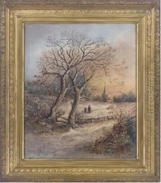 Figures Crossing A Snowy Field Towards A Church - view 1