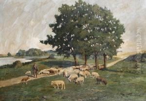 A Shepherd And His Flock On A Countrylane by Paul Thomas