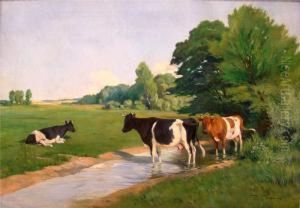 Sommerlandschaft Mit Kuhen An Einem Flusslauf by Paul Thomas
