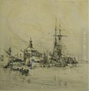 Boats At Harbour,drypoint Etching, Pencil Signed To Fore-edge