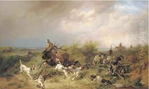 A stag hunt in a coastal landscape by Benno Adam