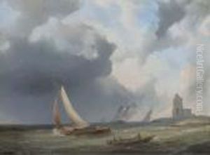 Sailingvessels On Choppy Water By A Coast by Pieter Hendrik Thomas