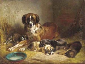 A St. Bernard with it's litter by Benno Adam