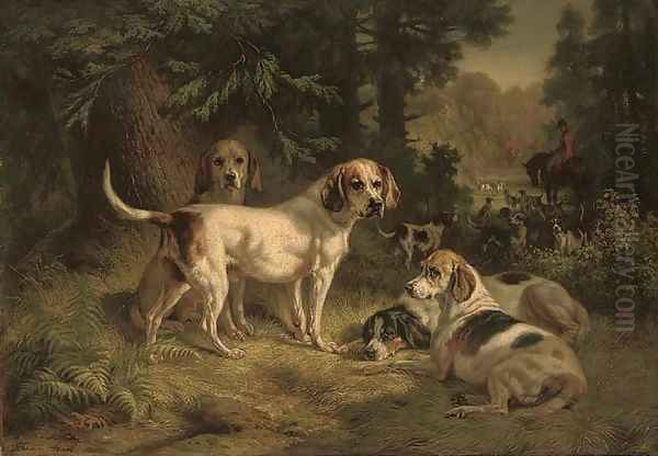 Hounds resting in a woodland clearing with huntsmen beyond - view 1