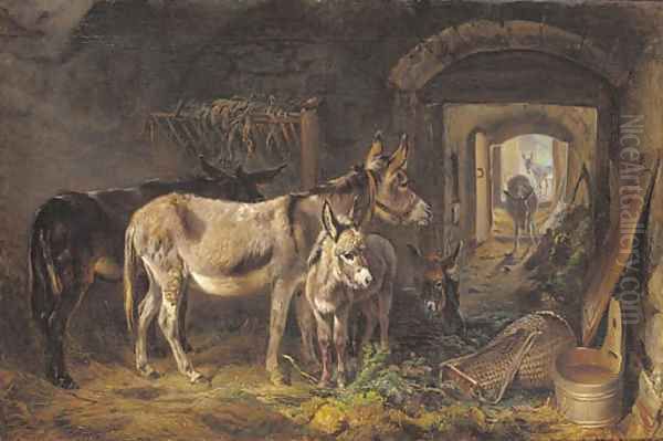Donkeys in a stable interior - view 1