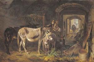 Donkeys in a stable interior by Benno Adam