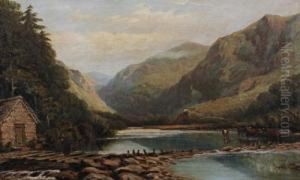 Welsh River Landscape With Cattle Watering And A Woman On A Footbridge