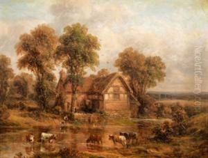 A Landscape With Figures And Horses By A Thatched Cottage