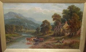 Cattle Watering By A Farmstead, Mountains Beyond, Signed 't. Thomas'