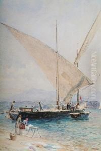 "boat Unloading Stones" - A Shore Scene Withfigures Unloading A Boat And Women Washing Clothes By The Watersedge by William Luson Thomas