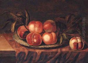 Peaches on a porcelain dish, on a partially draped ledge by Bartholomeus Assteyn