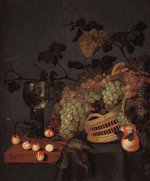A basket with grapes, a roemer and cherries on a partly draped ledge - view 1