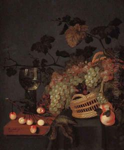 A basket with grapes, a roemer and cherries on a partly draped ledge by Bartholomeus Assteyn
