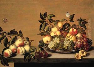 Fruit Grapes, peaches, apples and a pearon a Waanli 'kraak' porselein plate, with other fruit on a ledge by Bartholomeus Assteyn