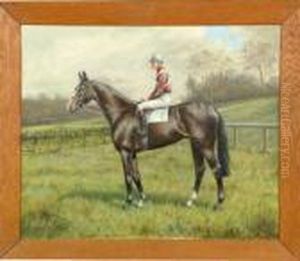 A Portrait Of A Bay Racehorse With Jockey Up