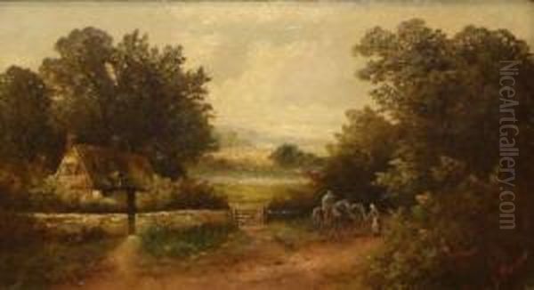 Figures And Horses In A Country Lane By A Cottage - view 1