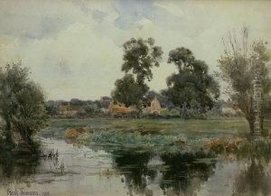 Tranquil Village River Landscape by Frank Thompson