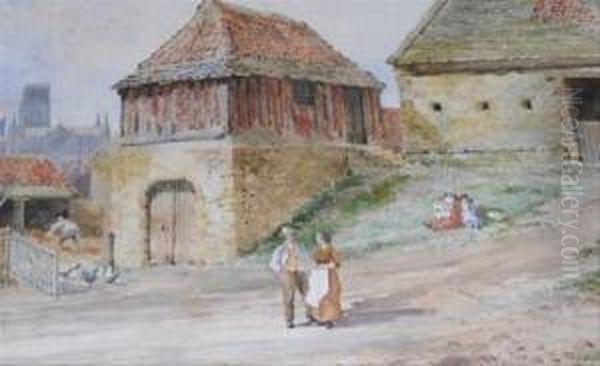 Figures Before A Tythe Barn, With Cathedral Distant - view 1