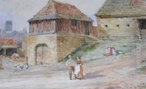 Figures Before A Tythe Barn, With Cathedral Distant by Frank Thompson
