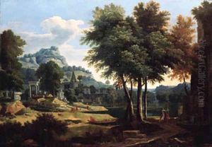 A classical landscape with figures by a river by Etienne Allegrain