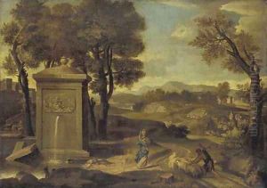 An Italiante landscape with a shepherd and his flock by Etienne Allegrain