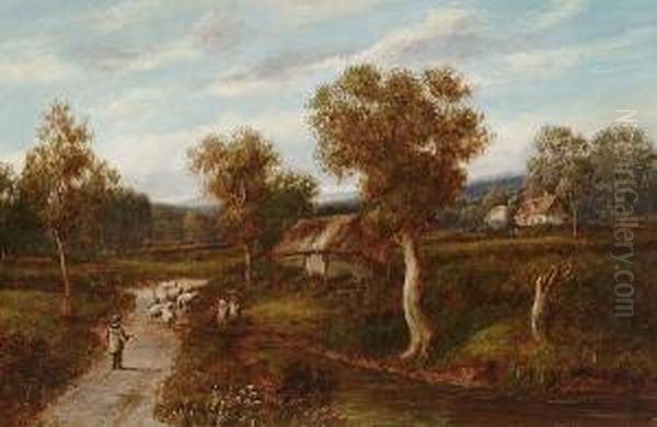 Sheep With A Shepherd On A Country Lane, With Figures Before A Barn - view 1