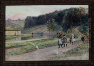 Children And Ducks On A North Yorks Riverside Path by Isa Thompson