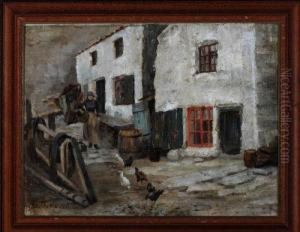 A Staithes Fishergirl Feeding Poultry