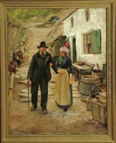 35 3/4in. X 28in. A Scene In A Yorkshire Fishing Village-a Fishergirl Assisting An Elderly Man. See Illustration - view 1
