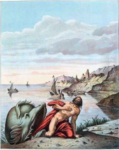 Jonah thrown out by the whale on the shore