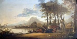 River Landscape With Horsemen And Peasants by Jacob Thompson