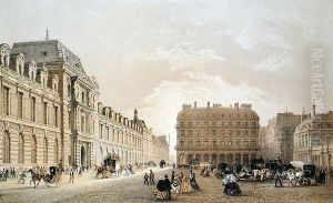 View of the facade of the Louvre, the Rue de Rivoli and the Palais Royal 1855 by Louis Jules Arnout