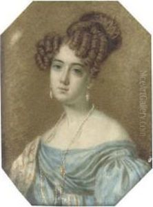 Charlotte Trotter, In Off-the-shoulder Blue Dress, A Patterned Stole Over Her Shoulder, Her Hair Dressed In Ringlets And Topknot by William John Thompson