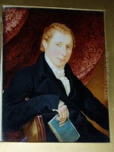 A Miniature Portrait Of A Gentleman, Seated, Holding A Book, Wearing A Black Coat, Frilled White Cravat And Tied Stock - view 1