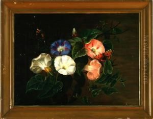 A Still Life With White, Pink And Blue Bindweeds Plus A Butterfly by Camilla Thomsen