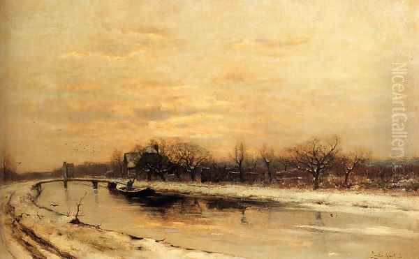 Winter: An Orchard Alongside A Canal With A Farmhouse In The Distance At Dusk - view 1
