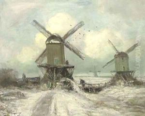 Windmills in a snow covered polder landscape by Louis Apol