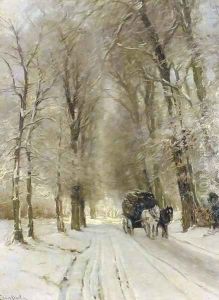 A horse drawn cart on a snowcovered forest track by Louis Apol