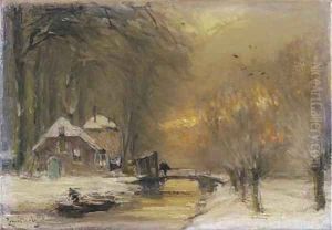 A farm by a stream in winter by Louis Apol