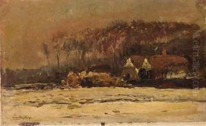 A farmstead in a winter landscape by Louis Apol