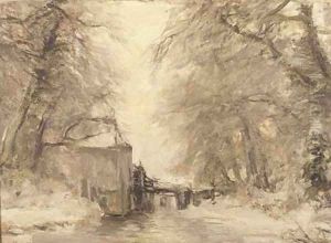 A watermill in winter by Louis Apol