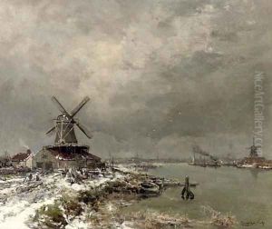 A windmill along a river in winter by Louis Apol