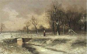 A figure walking beside a stream, in a snowy landscape A figure walking beside a stream, in a snowy landscape