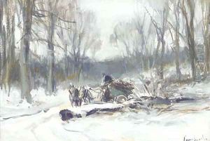 A horse-drawn cart on a frosty winter track by Louis Apol