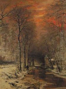 A tranquil winter forest at dusk