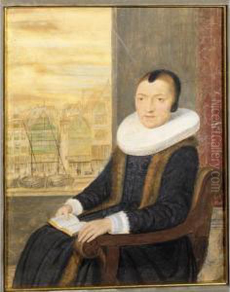 Portrait Of A Seated Old Lady Holding A Book Of Sheet Music, With A View Of The Damrak, Amsterdam, Behind - view 1