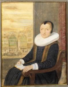 Portrait Of A Seated Old Lady Holding A Book Of Sheet Music, With A View Of The Damrak, Amsterdam, Behind
