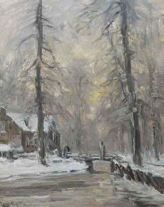A winter forest at dusk