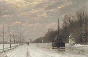 By the canal in winter at dusk by Louis Apol